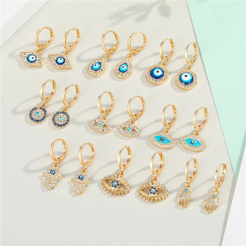 1Pair Rhinestone Fatima Hand Hollow Evil Eye Earrings For Women Vintage Simple Trendy Round Eye Hoop Earrings Ear Stud Jewelry