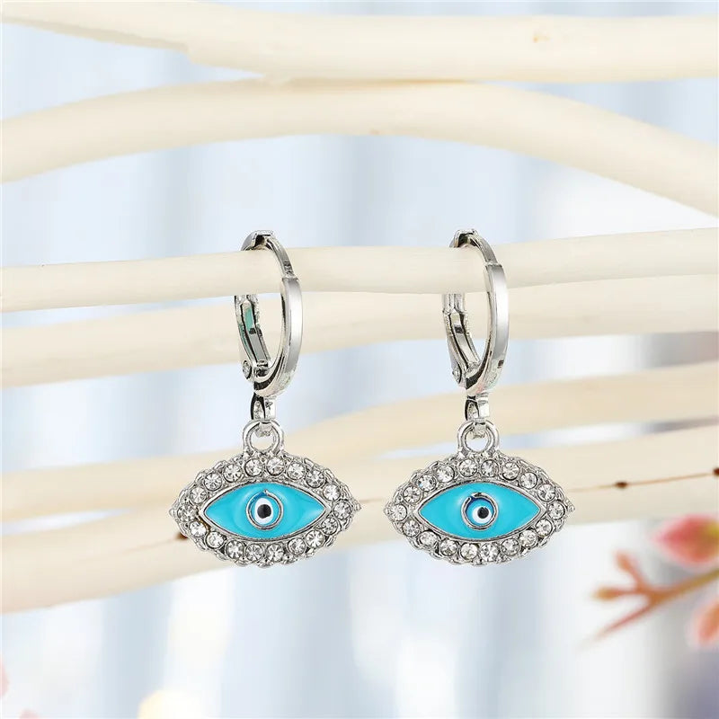 1Pair Rhinestone Fatima Hand Hollow Evil Eye Earrings For Women Vintage Simple Trendy Round Eye Hoop Earrings Ear Stud Jewelry