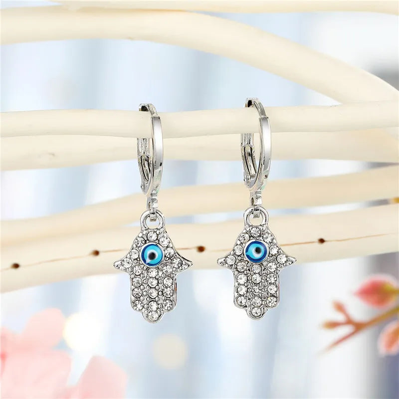 1Pair Rhinestone Fatima Hand Hollow Evil Eye Earrings For Women Vintage Simple Trendy Round Eye Hoop Earrings Ear Stud Jewelry