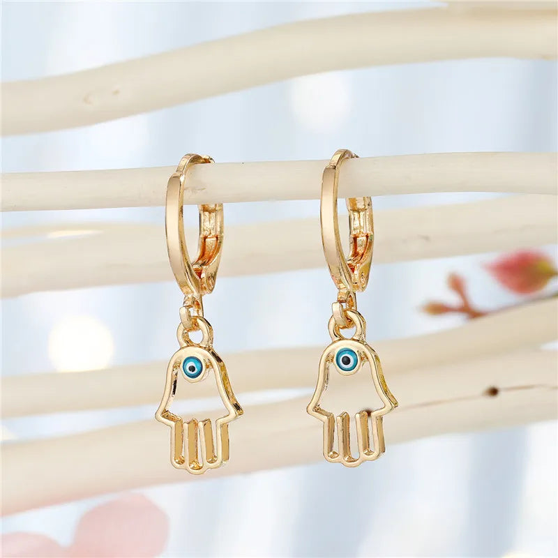 1Pair Rhinestone Fatima Hand Hollow Evil Eye Earrings For Women Vintage Simple Trendy Round Eye Hoop Earrings Ear Stud Jewelry