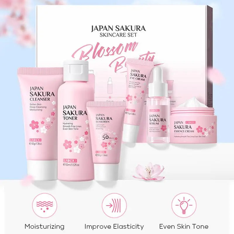 6pcs/box  Facial Products Kit Sakura Skin Care Set Facial Cleanser Face Cream Sunscreen Facial Mask Eye Cream Skincare Product