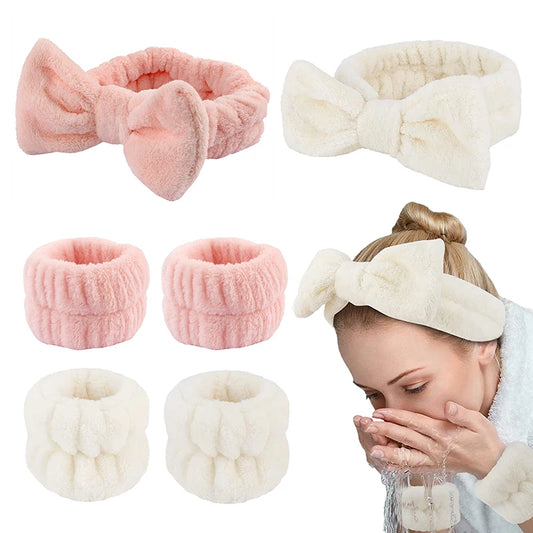 Cute Fashion Multifunctional Women's Face Washing Cuffs Waterproof Water Absorbent Wristband Headband Hair Accessory Set